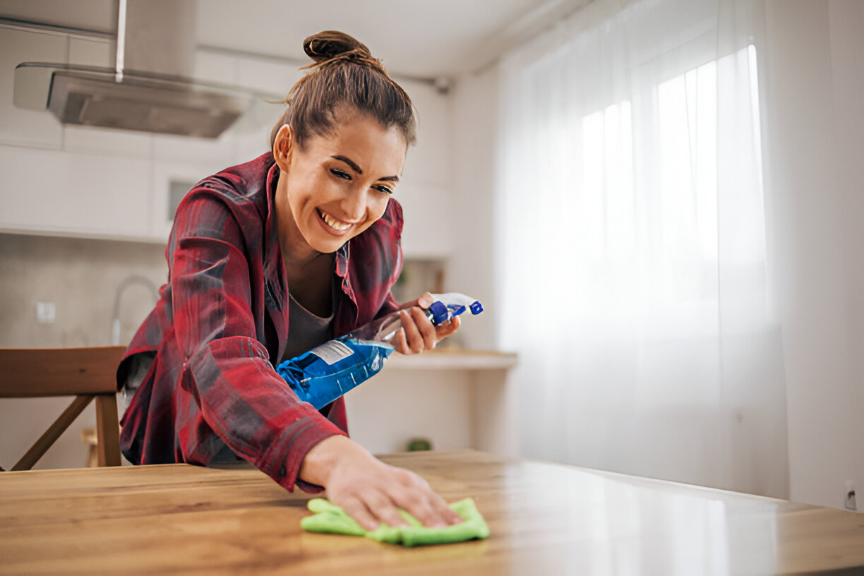 Person cleaning a table with a spray bottle and cloth