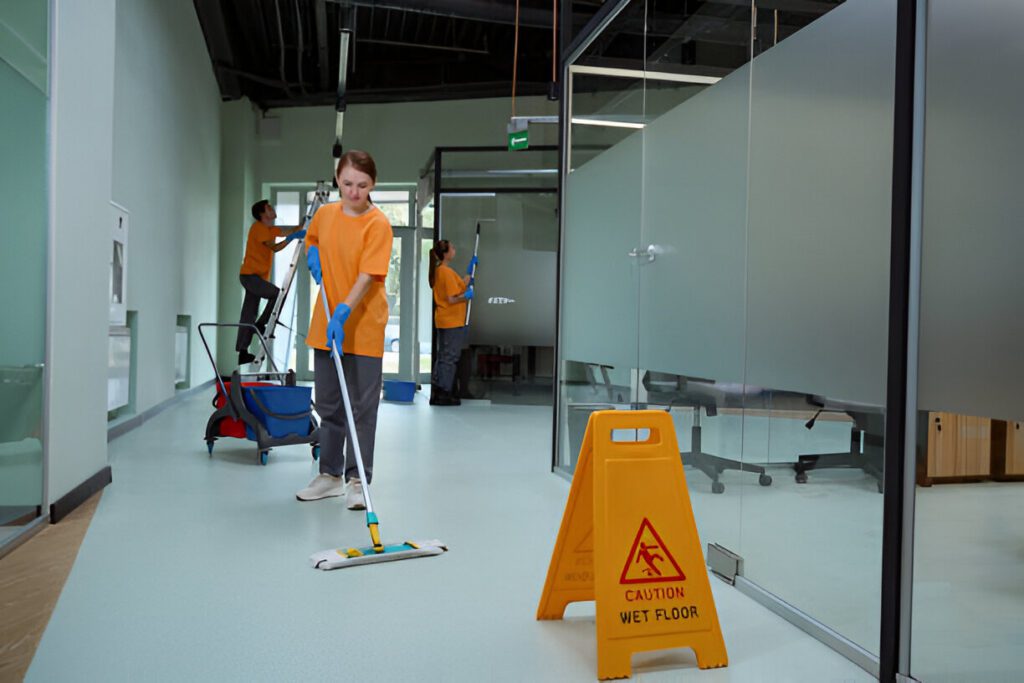 Janitor mopping the floor with a "Caution: Wet Floor" sign