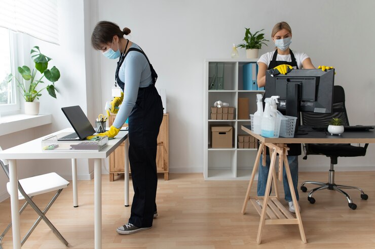 Professionals taking care office cleaning